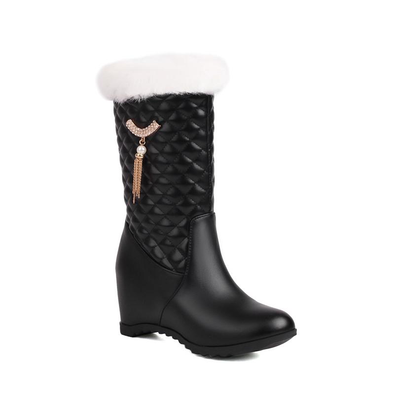 

Женские сапоги до середины икры, круглый носок, увеличивающий высоту, на высоком каблуке с молнией и металлическими украшениями, женская модная обувь, зимняя белая обувь 43 33 чёрный