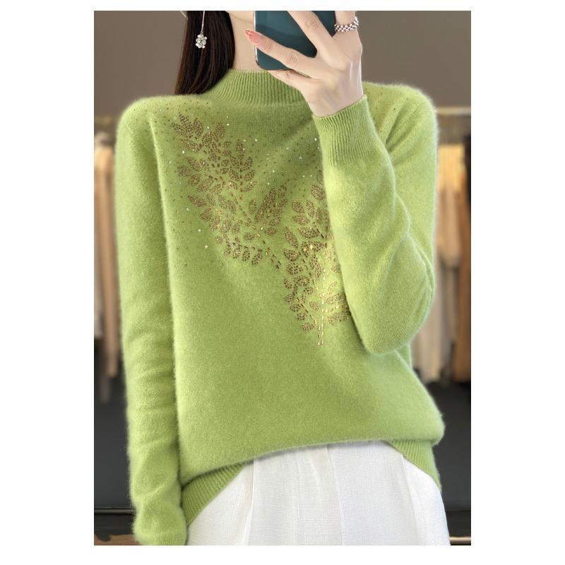 Women S Half Turtleneck Rhinestone Knitted Sweater Long Sleeve Base Layer