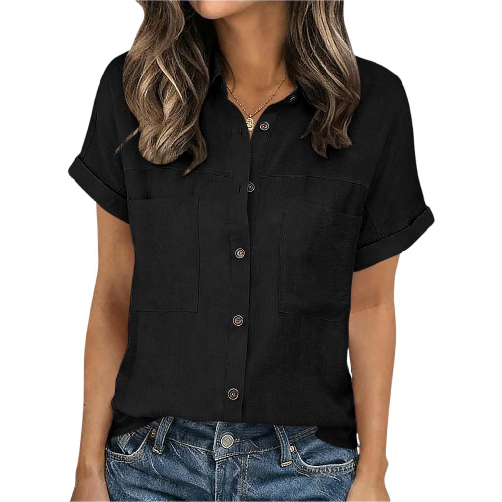 Dámská módní barevná límcová košile s krátkým rukávem, kapsou na knoflík, ležérní volný top