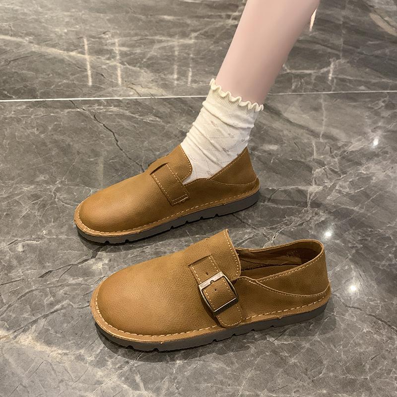 Fashion New Style Luxury Leather Women Shoes Spring Retro Round Head Casual Flat Rubber Bottom Belt Buckle Women's Single Shoes