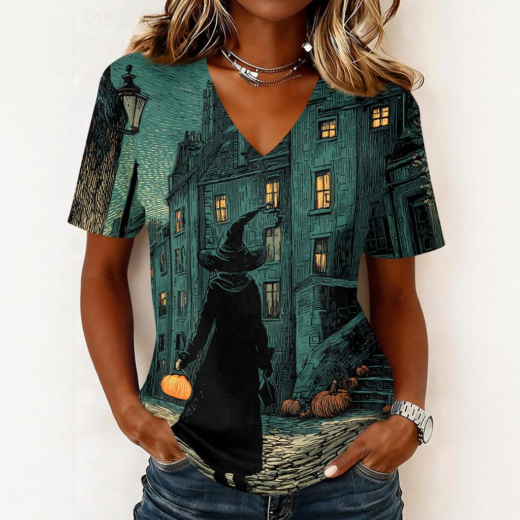 Women's Halloween Print V Neck Pullover Top Short Sleeve Casual Blouse Lightweight Comfortable Fit Seasonal Shirt