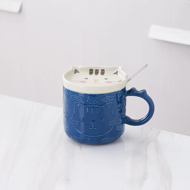 350ML Japanese Cartoon Cat With Cover Coffee Cup Cute Breakfast Cup Creative Coffee  Mug Milk  Mug Couple Water Mug With Lid