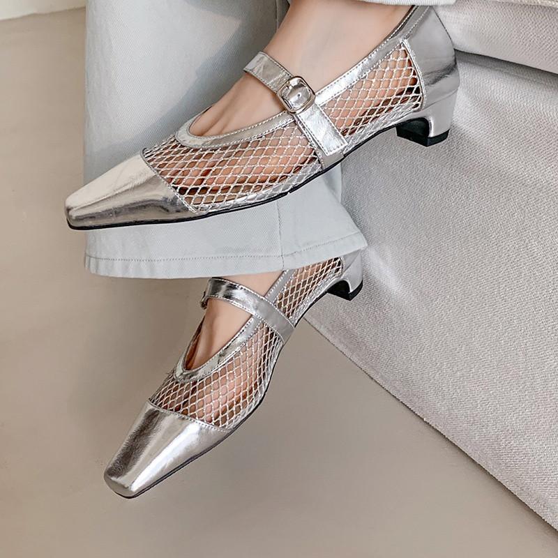 Fashion New Summer Sandals Square Toe Sandals for Women Fashion Hollow Out Mesh Cover Toe Low Heels Sandals Ladies Shoes Mary Jane Shoes