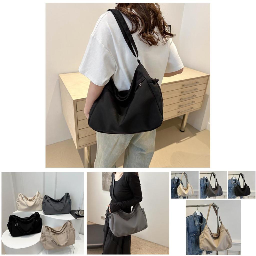 Trendy Urban Simple Large Tote Bag For Women Spacious Nylon Bucket Bag In Black White Grey Khaki