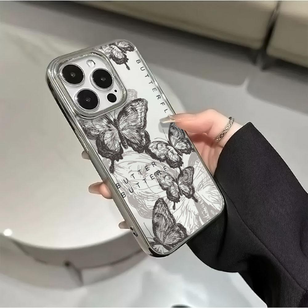 INS Ink Butterfly Pattern Electroplated Phone Case For iPhone 17 16 15 14 13 12 11 Pro Max Plus XS 17 Air Shockproof Clear Cover