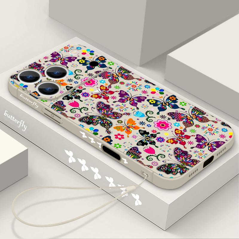 Colorful Butterfly Pattern Lanyard Case For iPhone 17 Pro Max Funda iPhone 16 15 14 13 Pro Max 11 16E 17E Soft Silicone Cover