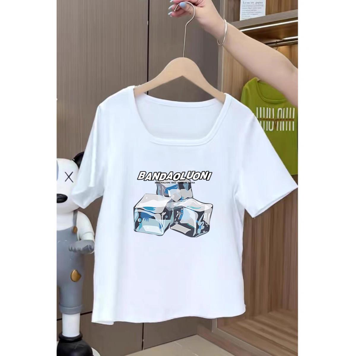 

Large size women s clothing fat mm pure desire wind ice cube printing T-shirt U-neck thin top worn by young mothers in summer M [80-60kg]