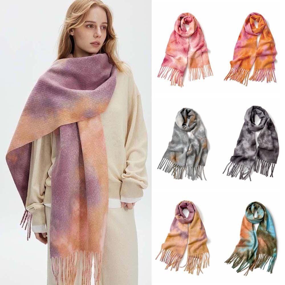 Boucle Knit Tie Dye Scarf Western Style Winter Neck Warmer Gradient Shawl Outdoor