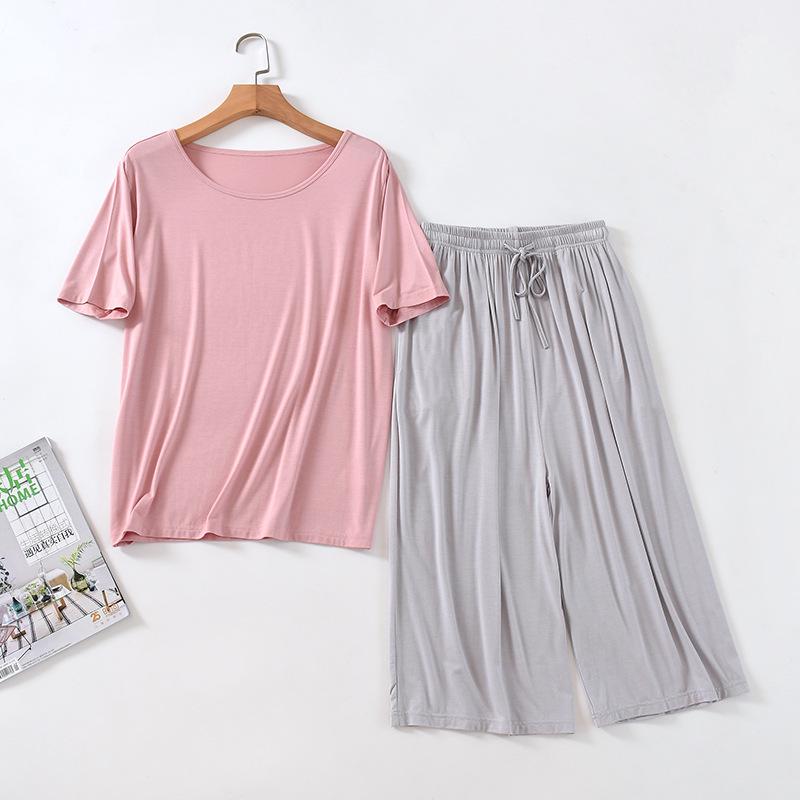 Damen Sommer Modal Pyjama Set - Kurzarm Oberteil & Caprihose, Tragbar im Freien, Übergröße