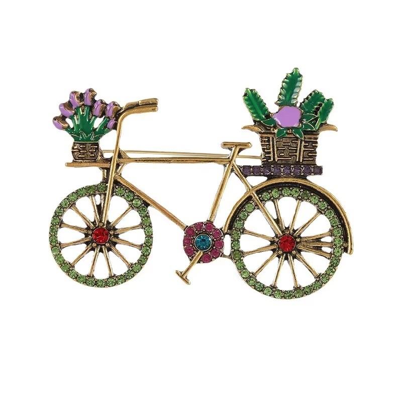 Creatieve Fiets Broche voor Dames Heren Mode Strass Bloemenmand Broches Spelden Sieraden Accessoires Feest Cadeaus 2025