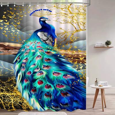 Rideau de douche Paon Bleu Or Plume Art Oiseau Élégant Décor Oiseaux Luxe Salle de bain Tissu Imperméable Ensemble Rideaux de Bain Maison