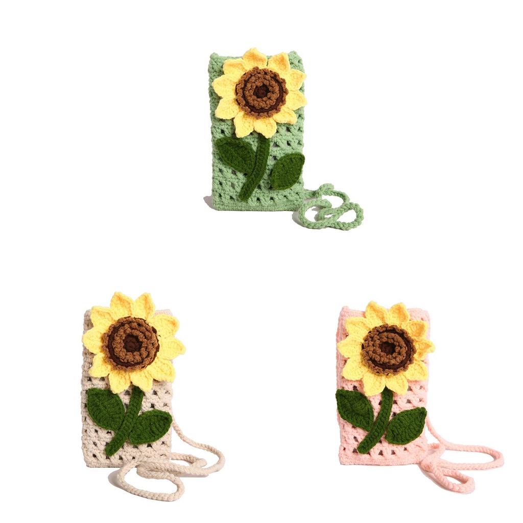 Sunflower Phone Bag Handmade Knitted Cotton Crossbody With Flower Design For Casual Wear