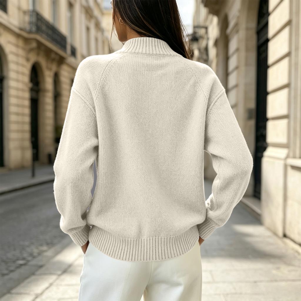 Women's Zip-Up Neck Knit Cardigan Color Loose Fit Slouchy Versatile Sweater Top