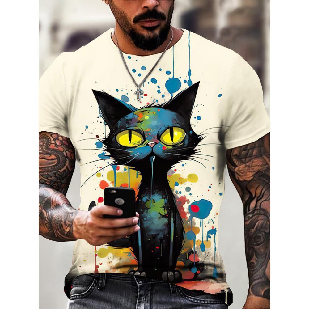 Men's Summer Casual Short Sleeved T-shirt with Realistic Cat Pattern Print