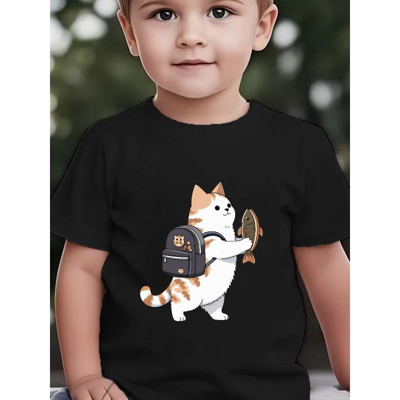 Baby Boys Cute Cat & Fish Print Crewneck Summer Short Sleeve T-Shirt