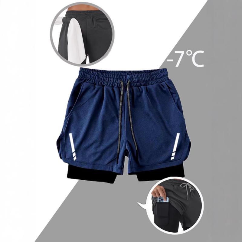 Men 2 In 1 Printed Quick Dry Sports Shorts Gym Workout Outdoor Shorts With Towel Hanging