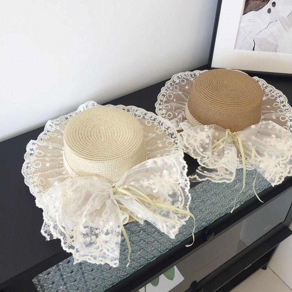 Bowknot Lace Bow Sun Hat Breathable Straw Lace Ruffle Wide Brim Hat Adjustable Sun Visor Hats Sun Protection