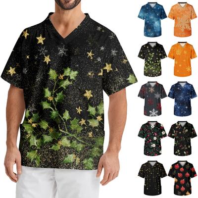 Men's Printing Short Sleeve V-neck Working Blouse Chest Pocket Carer Top