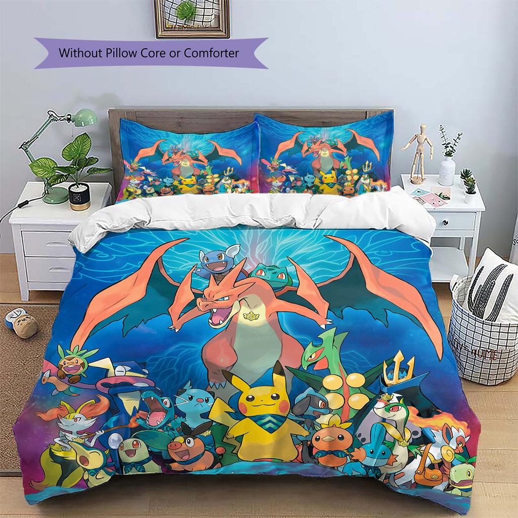 Pokémon Pattern Bedding Home Decoration Birthday Gift (1 * Duvet Cover + 2 * Pillowcase, Without Core)