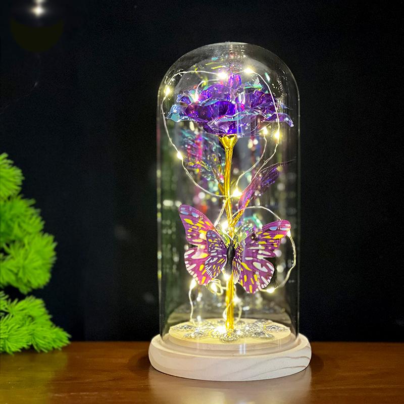 Valentines Day Gift Led Light Foil Galaxy Infinity Rose Glass Dome 24k Gold Rose Butterfly Factory Price Long Lasting 3-5 Years