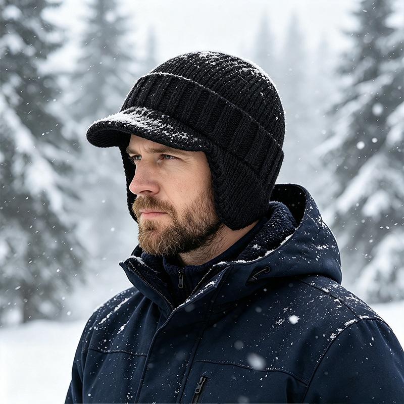 Hat Men's Autumn and Winter Warm Fleece Ear Protectors Short Brim Wool Hat Outdoor Riding Windproof Knitted Hat Winter Men's