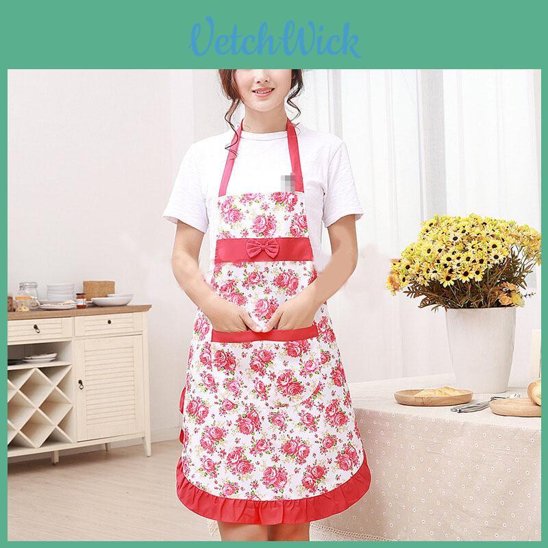 Fashionable Women Floral Chef Apron With Bowknot Detail And Spacious Pocket Design
