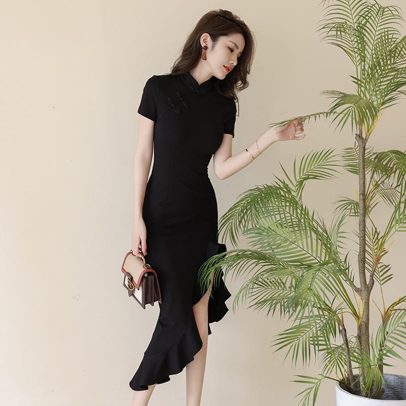 GMXIA Letní dámské nové čínské upravené denní šaty Cheongsam Černé šaty s nepravidelným rybím ocasem