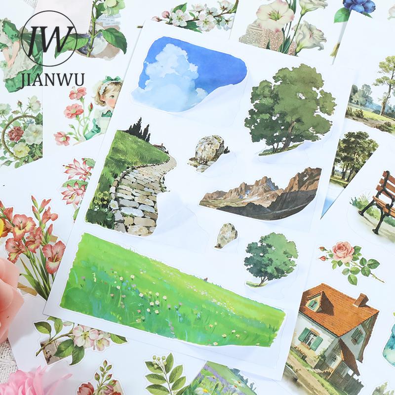 JIANWU 20 Sheets/book Vintage Plant Flower Character Landscape Material Collage Sticker Book Creative DIY Journal Stationery