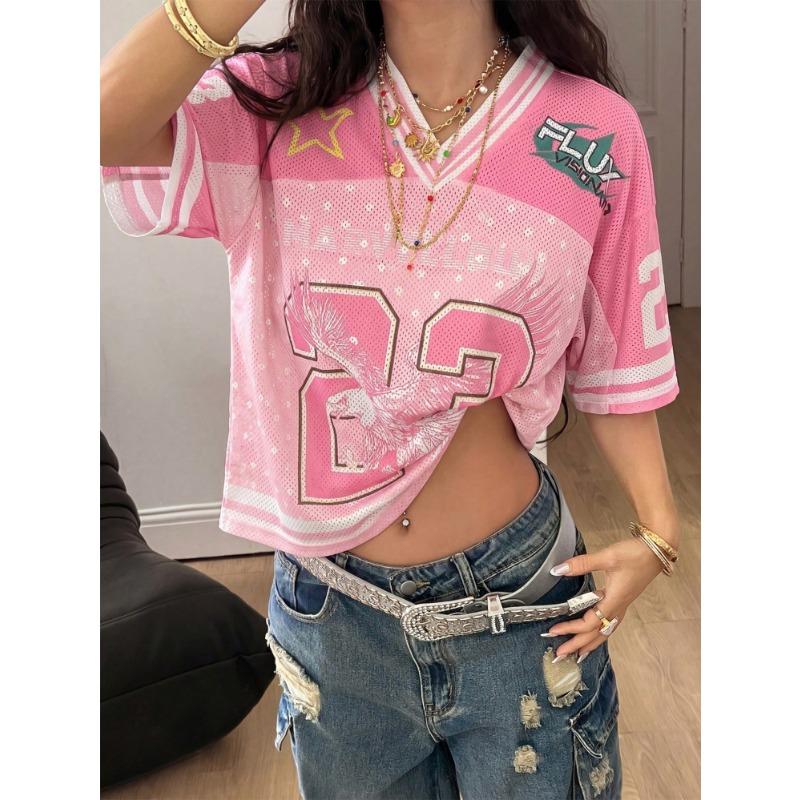Women's Summer Pink Number Print Casual Mesh Breathable T-shirt V Neck Sport Jersey Hip Hop Vintage  Fashion Streetwear