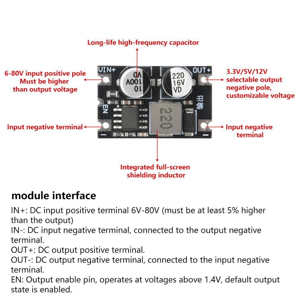 DC-DC Step-down Module Buck Power Supply Module 6-80V to 3.3V/5V/12V 1.2A Output Low Ripple High-power Voltage Converter Module