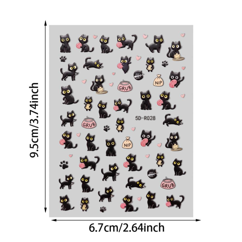 5D Cat Nail Art Stickers Black Kitten Design Self Adhesive Nail Decals for Women And Spring Summer Manicure Decor