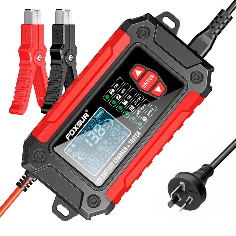 FOXSUR 12V 6-Amp Battery Charger /Tester for Motorcycle Car Battery Charger /Tester Support Car Battery Health Check and Repair