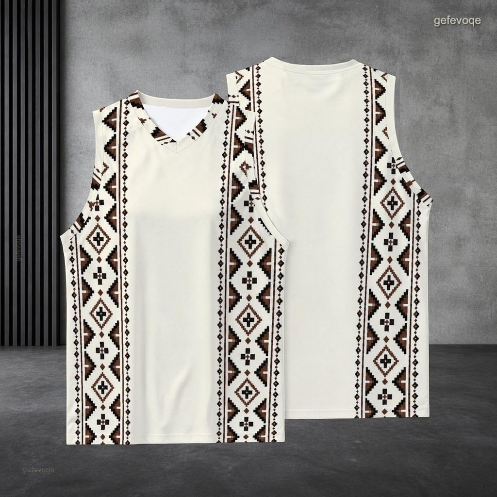 Men s Plus Size V Neck Sleeveless Tank Top Ethnic Geometric Printed Off White