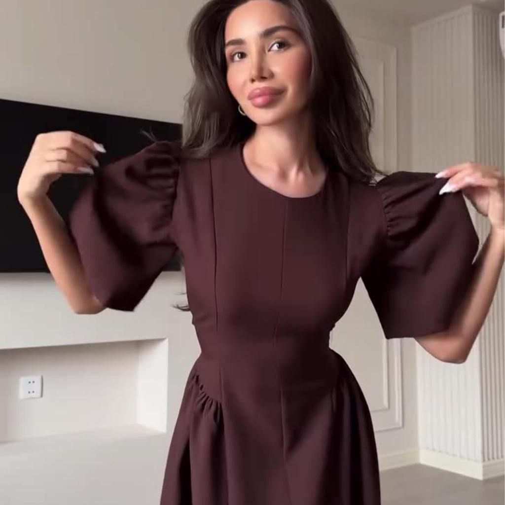 Brown Round Neck Puff Sleeve Midi Dress with Waist Tie