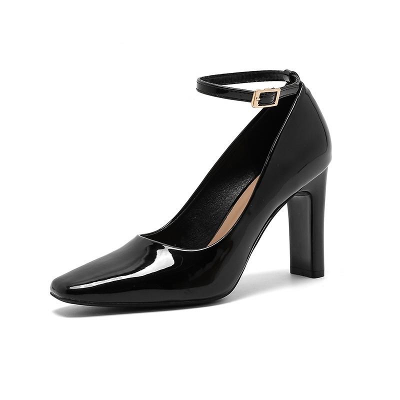 Temperamentvolle Lackleder-Mary-Jane-Pumps mit hohen Absätzen, Damen-Frühling und Herbst, neue Ein-Wort-Schnalle, Riemchen, dicker Absatz, Einzel-Schuhe