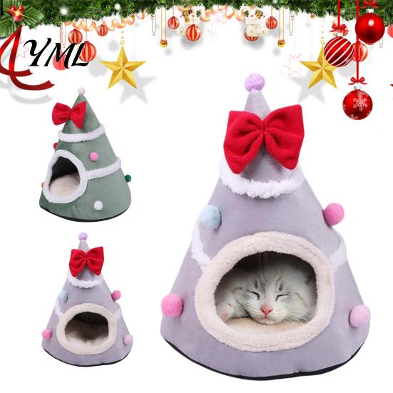 Warm Sleeping Bed for Cats Christmas Tree Cat Bed, Plush Cave with Removable Cushion, Non-slip Cute Pet Bottom, Cozy House Indoor Kittens Winter