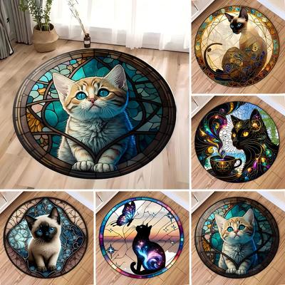 Katzen Kawaii Bedruckter Runder Teppich für Zuhause Wohnzimmer Schlafzimmer Dekor Kreis Teppich Rutschfest Maschinenwaschbar Flanell Fußmatte