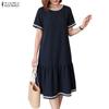 ZANZEA Women Casual Round Neck Solid Color Summer Short Sleeve Dress