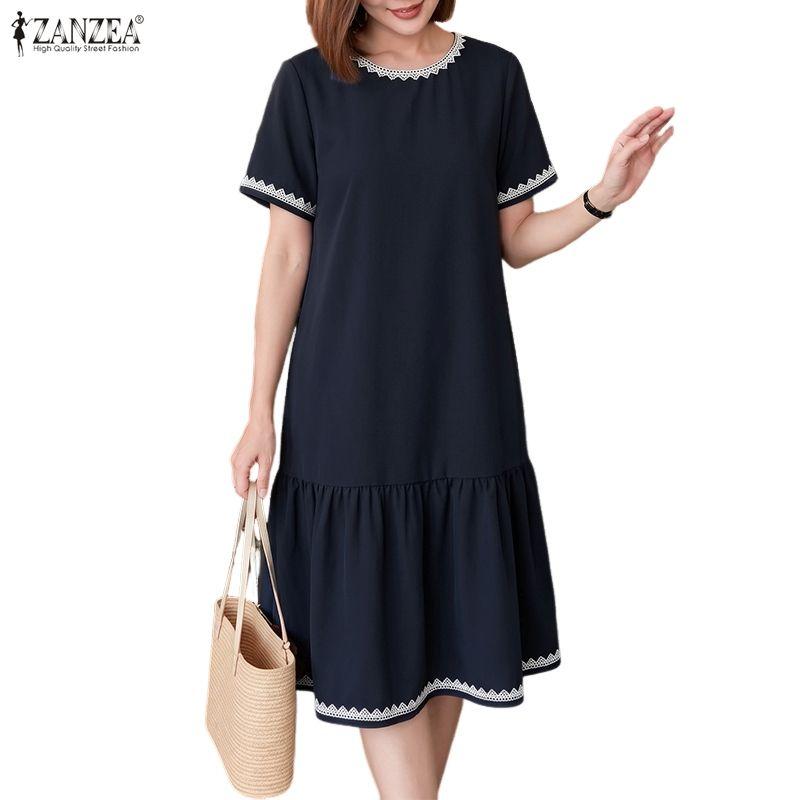 ZANZEA Women Casual Round Neck Solid Color Summer Short Sleeve Dress
