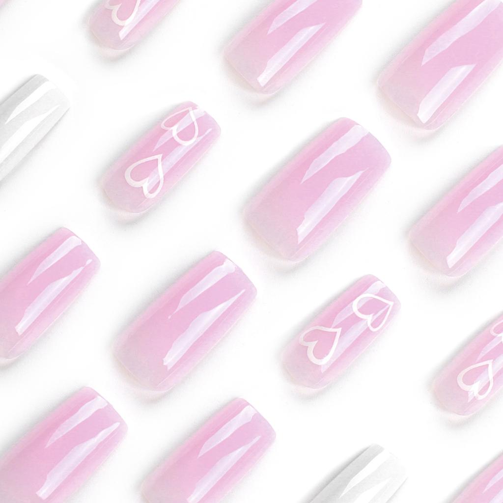Unghii Simple Love de Ziua Îndrăgostiților, roz, alb, mediu și lung, pătrat, model Nail Art, patch-uri pentru unghii