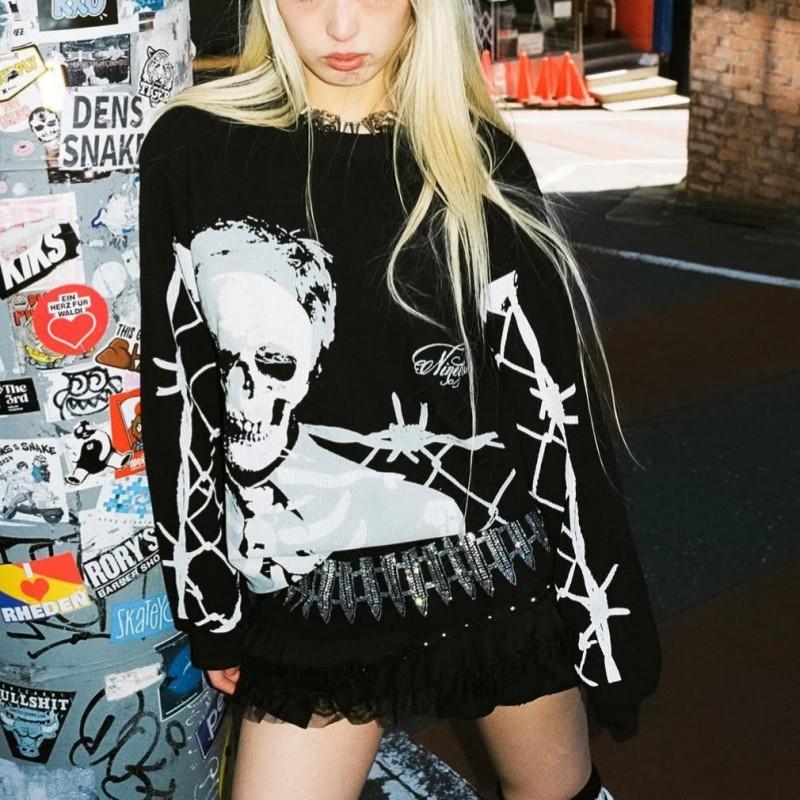 Men Women Long Sleeve T Shirt Gothic Skull Print Loose Fit Streetwear Hip Hop Top