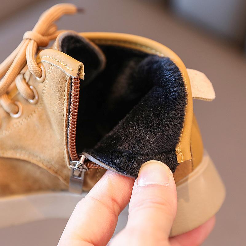 Girls' Short Boots British Style Children's Plush Boots Autumn and Winter Style Little Girl Leather Boots Boys Warm Short Boots