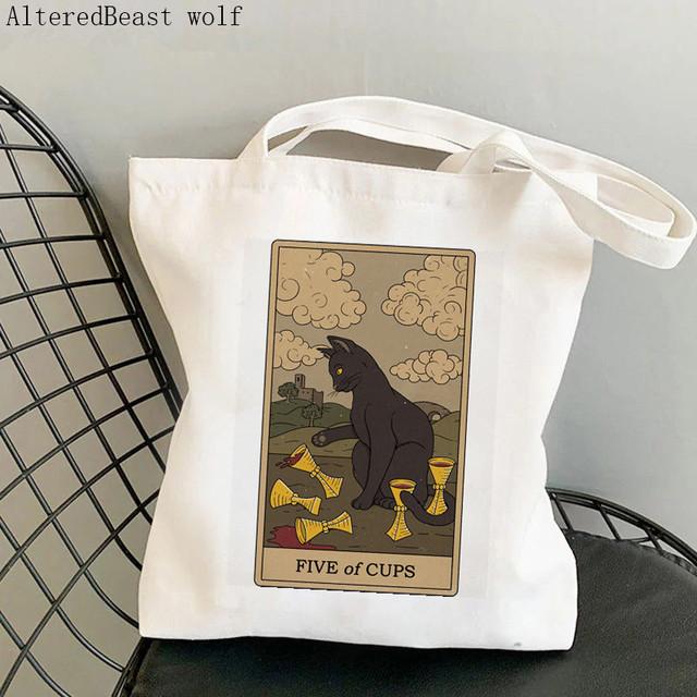 Dam Shopper bag katt Månen Tarot Tryckt Kawaii Väska Harajuku Shopping Canvas Shopper Bag flicka handväska Tote Axel Damväska
