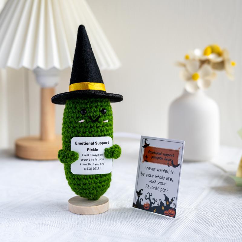 New Handmade Knitted Emotional Support Pickled Cucumber Halloween Home Decoration Crochet Positive Pumpkin Doll Christmas Gifts