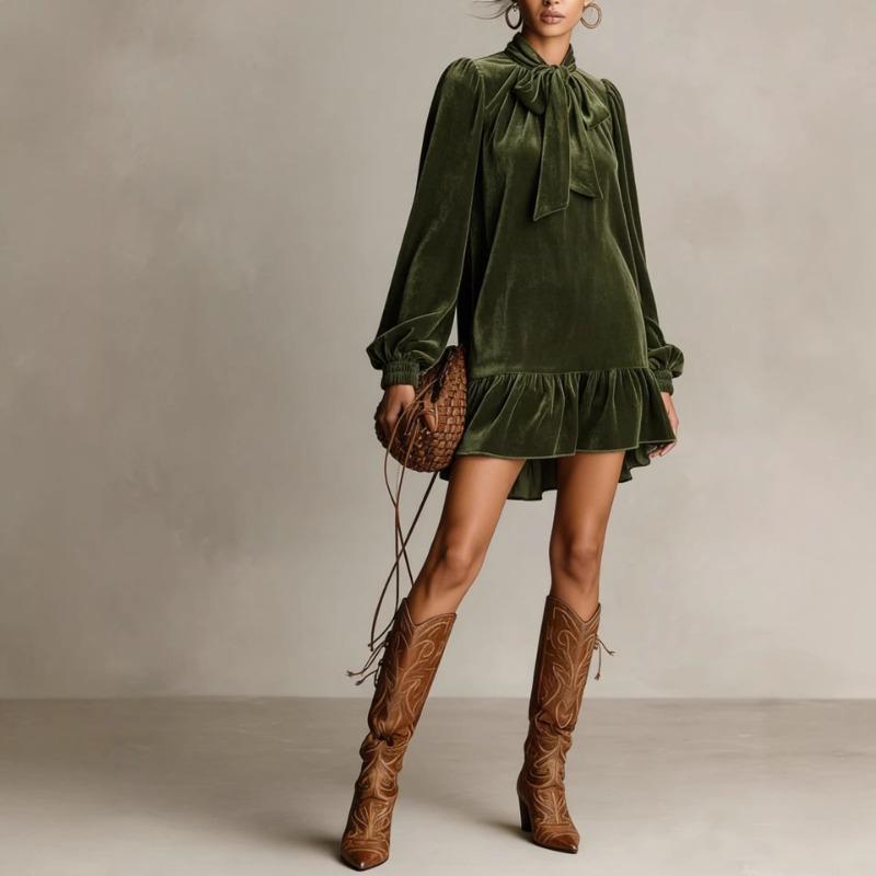 Women S Vintage Velvet Dress Loose Lantern Sleeve Bow Solid Ruffle