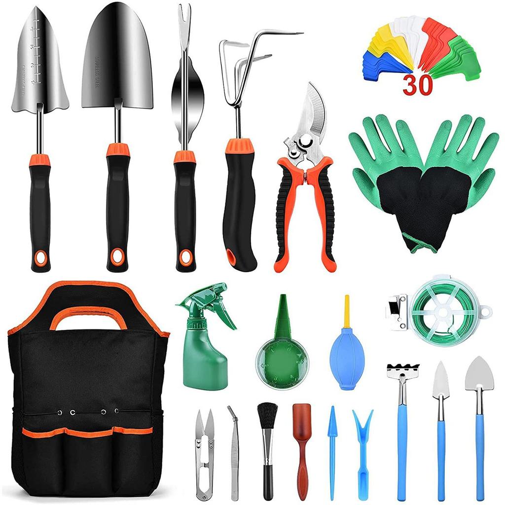 Garden Tool Set with Stainless Steel Hand Tools Ergonomic Handles Heavy Duty Pruning Shears Weeder Trowel Rake Tote Bag Included for Gardening Tasks