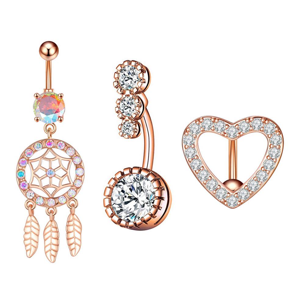 3-4pcs/lot Gold Color Crystals Zircon Belly Button Rings 14G Curved Stainless Steel Heart Wing Tassel Belly Navel Piercing Sets
