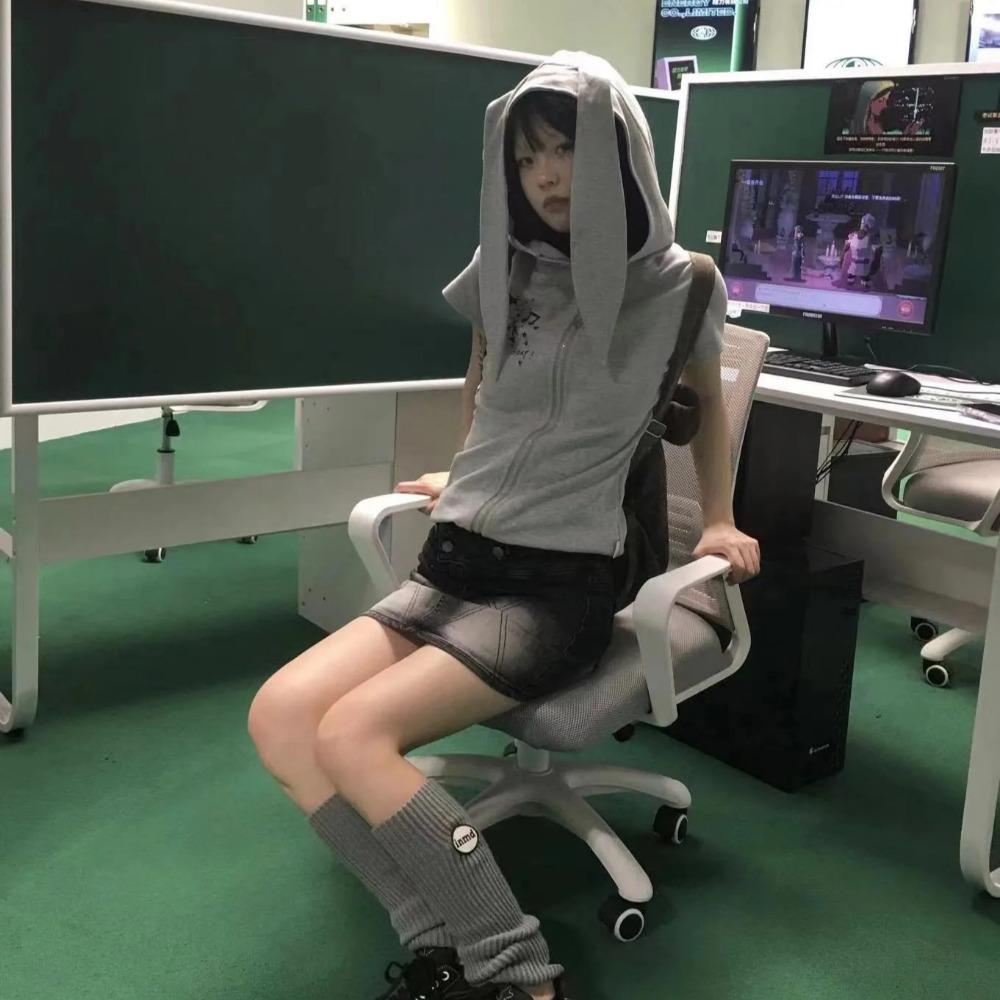 VAYLA Y2k Hooded T-shirt Vintage 2000s Style Rabbit Ears Zipper Tops Harajuku Short Sleeve Thin Jacket Korean Popular