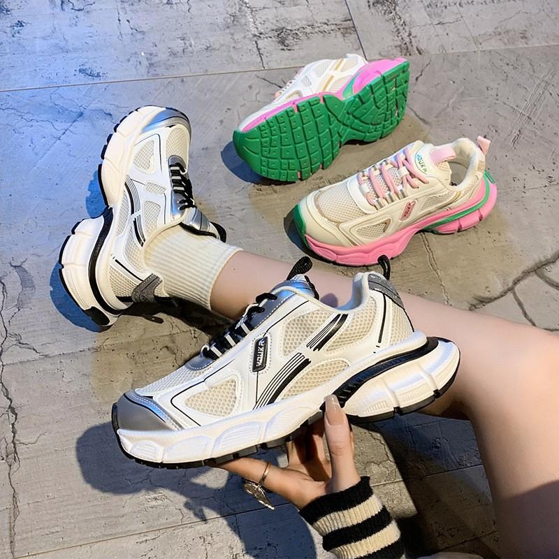 Factory direct sales dad shoes 2025 spring new thick-soled heightened mesh breathable thin sports shoes versatile women's shoes