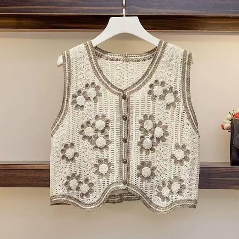 Summer Crochet Hollow Out V-neck Loose Lace Tank Tops Women Fashion Thin Chic Sleeveless Women Camis Tops Elegant Base Slim Vintage Tank Vest 26571